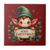 Cute Christmas Elf Holding Merry Sign Fliese (Vorderseite)
