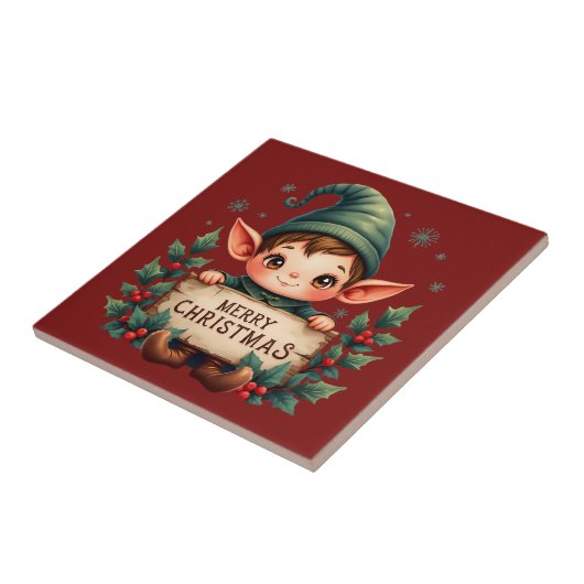 Cute Christmas Elf Holding Merry Sign Fliese (Seite)