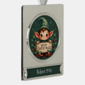 Cute Christmas Elf Holding Merry Sign Green Banner-Ornament Silber (Rechts)