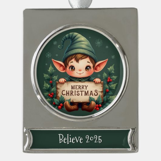 Cute Christmas Elf Holding Merry Sign Green Banner-Ornament Silber (Vorderseite)