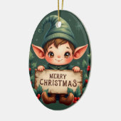 Cute Christmas Elf Holding Merry Sign Green Keramik Ornament (Links)