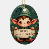 Cute Christmas Elf Holding Merry Sign Green Keramik Ornament (Hinten)
