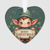 Cute Christmas Elf Holding Merry Sign Green Ornament (Vorderseite)