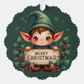 Cute Christmas Elf Holding Merry Sign Green Ornament Karte (Rückseite)