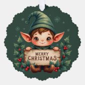 Cute Christmas Elf Holding Merry Sign Green Ornament Karte (Vorderseite)