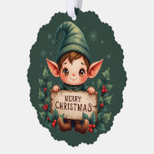 Cute Christmas Elf Holding Merry Sign Green Ornament Karte (Links)