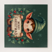 Cute Christmas Elf Holding Merry Sign Green Puzzle (Horizontal)