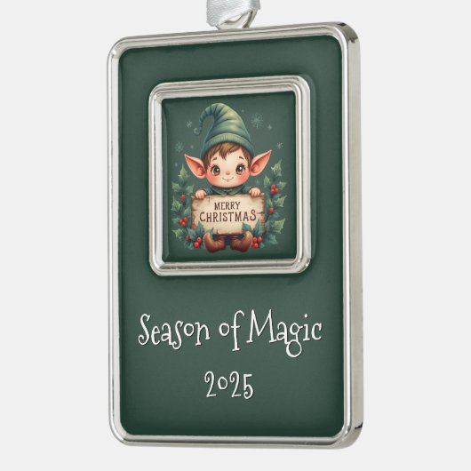 Cute Christmas Elf Holding Merry Sign Green Rahmen-Ornament Silber (Links)