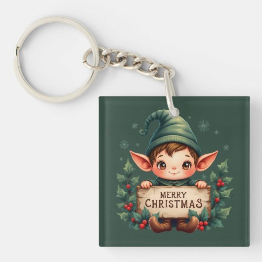 Cute Christmas Elf Holding Merry Sign Green Schlüsselanhänger (Vorderseite)