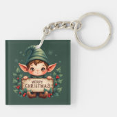Cute Christmas Elf Holding Merry Sign Green Schlüsselanhänger (Rückseite)