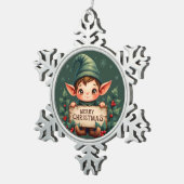 Cute Christmas Elf Holding Merry Sign Green Schneeflocken Zinn-Ornament (Rechts)