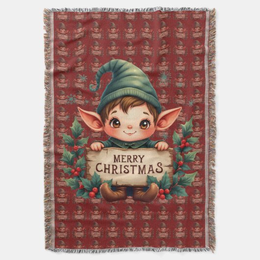 Cute Christmas Elf Holding Merry Sign Red Decke (Vorderseite Vertikal)