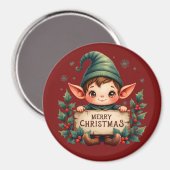 Cute Christmas Elf Holding Merry Sign Red Magnet (Vorderseite/Rückseite)