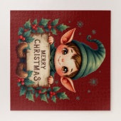 Cute Christmas Elf Holding Merry Sign Red Puzzle (Horizontal)