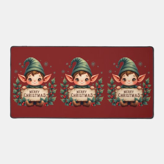 Cute Christmas Elf Holding Merry Sign Red Schreibtischunterlage (Vorderseite)