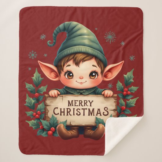 Cute Christmas Elf Holding Merry Sign Red Sherpadecke (Vorderseite)