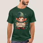 Cute Christmas Elf Holding Merry Sign T-Shirt (Vorderseite)
