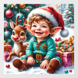 Cute Christmas Elf & Reindeer Fensteraufkleber