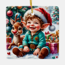 Cute Christmas Elf & Reindeer Keramikornament