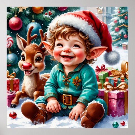 Cute Christmas Elf & Reindeer Poster (Vorne)