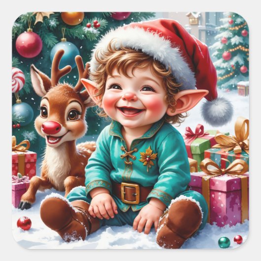 Cute Christmas Elf & Reindeer Quadratischer Aufkleber (Vorderseite)