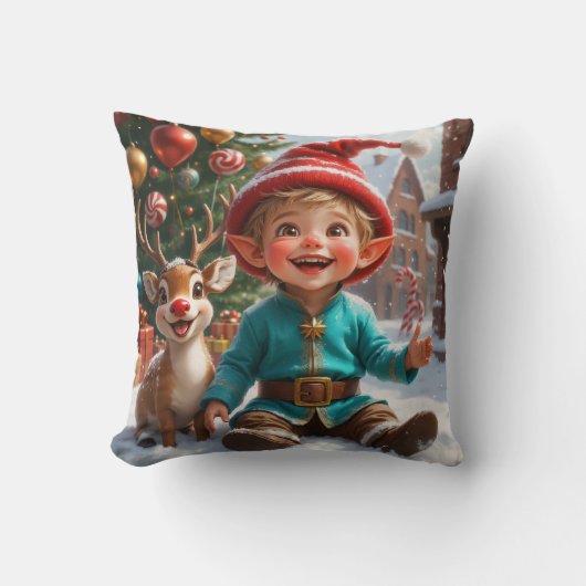 Cute Christmas Elf & Reindeer  Throw Pillow Kissen (Vorderseite)