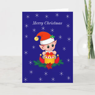 Cute Christmas Elf & Snowflakes on Blue Feiertagskarte