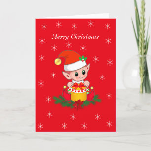 Cute Christmas Elf & Snowflakes on Red Feiertagskarte