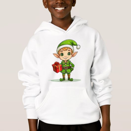 Cute Christmas Elf with Gift – Holiday Hoodie (Vorderseite)