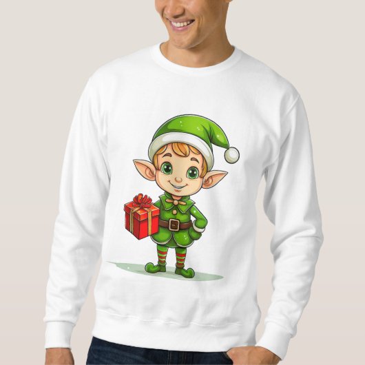 Cute Christmas Elf with Gift – Holiday Sweatshirt (Vorderseite)