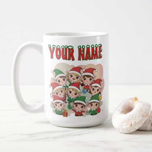 Cute Christmas Elves Squad Cartoon Illustration Kaffeetasse (Mit Donut)