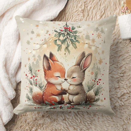 Cute Christmas Fox & Bunny Under Mistletoe Pillow Kissen (Decke)