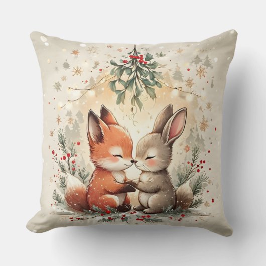 Cute Christmas Fox & Bunny Under Mistletoe Pillow Kissen (Vorderseite)