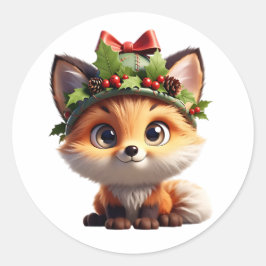 Cute Christmas Fox with Holly Berry Hat Classic Ro Runder Aufkleber