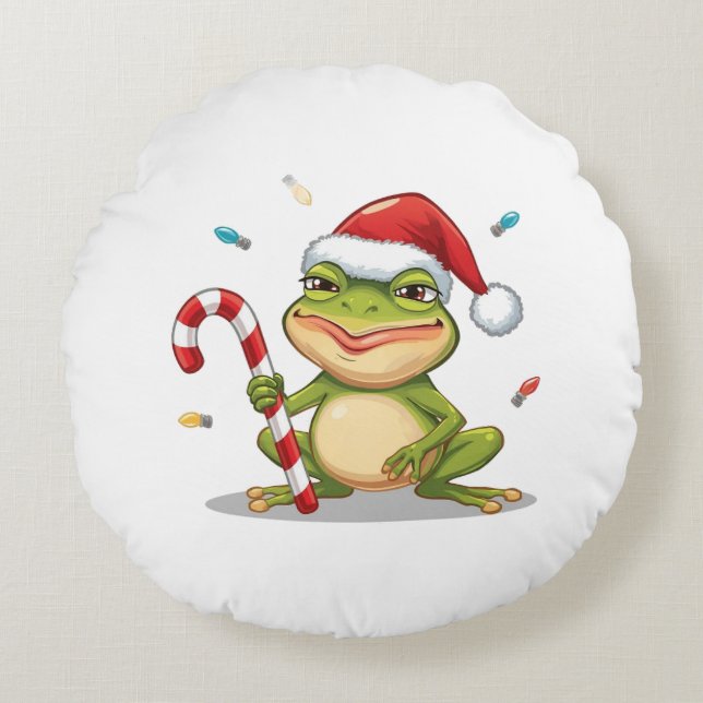 Cute Christmas Frog With Candy Cane - Funny Holida Rundes Kissen (Vorderseite)