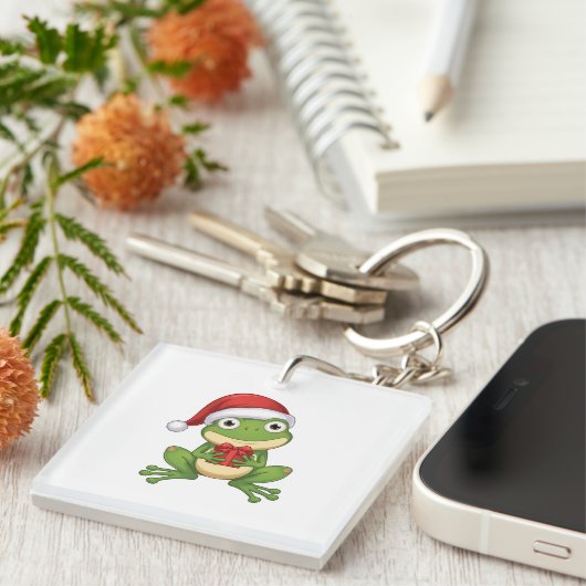 Cute Christmas Frog with Santa Hat and Gift |  Fun Schlüsselanhänger (Vorderseite rechts)