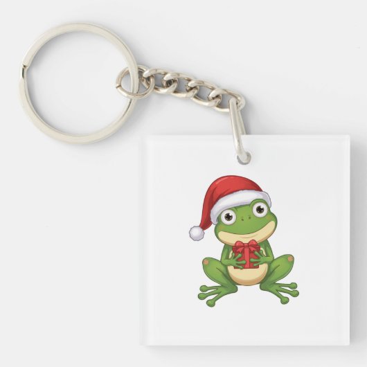 Cute Christmas Frog with Santa Hat and Gift | Fun Schlüsselanhänger (Vorderseite)