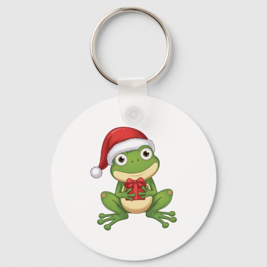 Cute Christmas Frog with Santa Hat and Gift | Fun Schlüsselanhänger (Vorderseite)