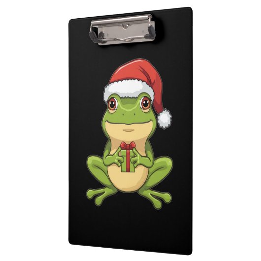 Cute Christmas Frog with Santa Hat Holding Gift - Klemmbrett (Links)