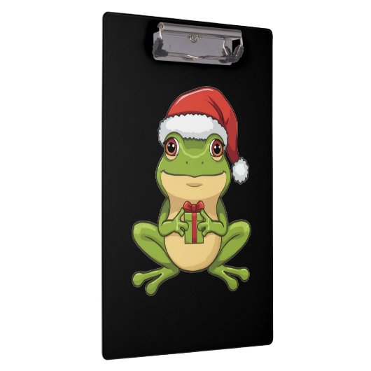 Cute Christmas Frog with Santa Hat Holding Gift - Klemmbrett (Rechts)