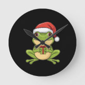 Cute Christmas Frog with Santa Hat Holding  Gift - Runde Wanduhr (Vorderseite)