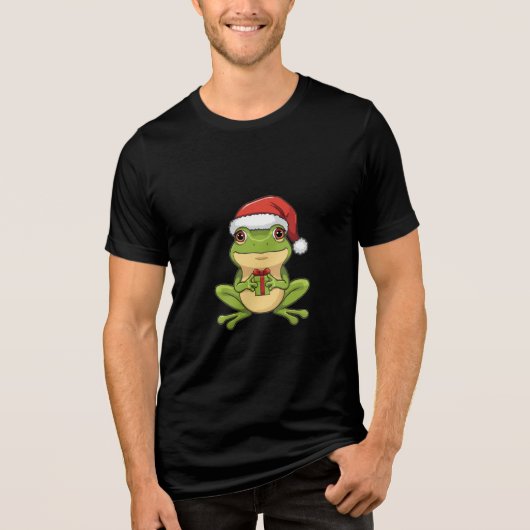 Cute Christmas Frog with Santa Hat Holding Gift - Tri-Blend Shirt (Vorderseite)
