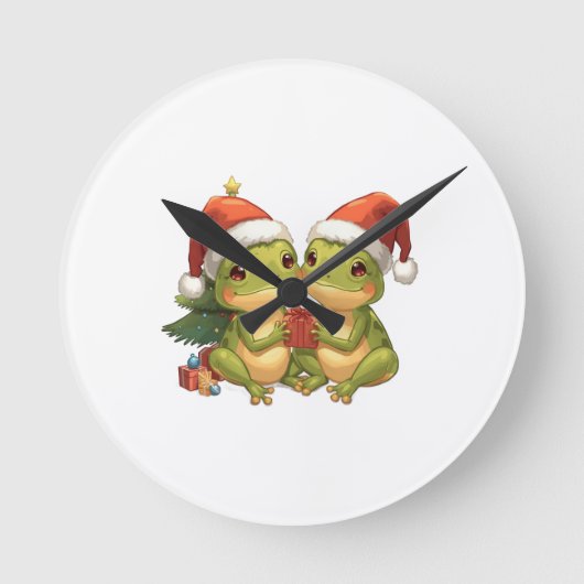 Cute Christmas Frogs Holding Gifts Adorable Holid Runde Wanduhr (Vorderseite)