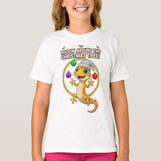 Cute Christmas Gecko – Rockin’ Around the Tree Hol T-Shirt (Vorderseite)