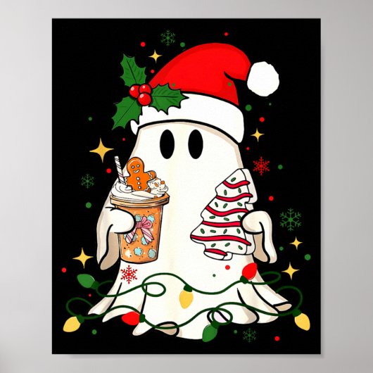 Cute Christmas Ghost Coffee Tree Cake Xmas Lights Poster (Vorne)