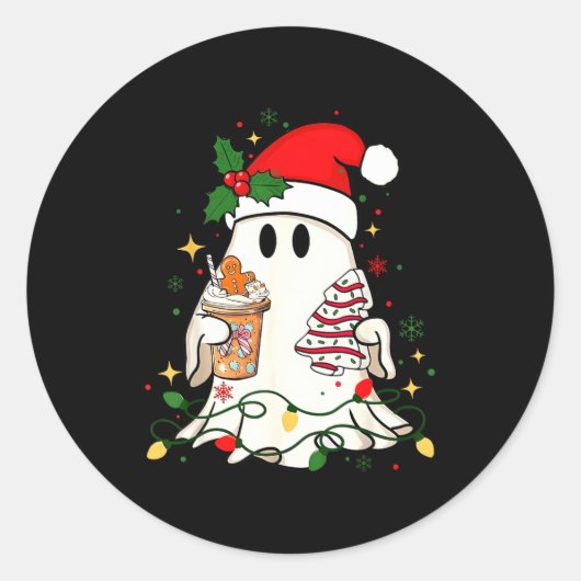 Cute Christmas Ghost Coffee Tree Cake Xmas Lights Runder Aufkleber (Vorderseite)