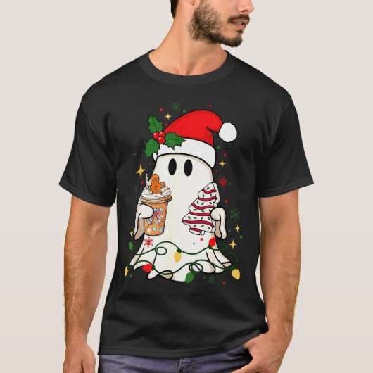 Cute Christmas Ghost Coffee Tree Cake Xmas Lights T-Shirt (Vorderseite)