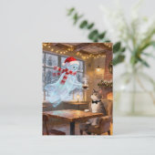 Cute Christmas Ghost Serves Cat in a Coffee shop Postkarte (Stehend Vorderseite)