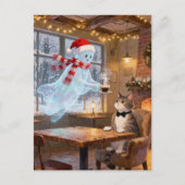 Cute Christmas Ghost Serves Cat in a Coffee shop Postkarte (Vorderseite)