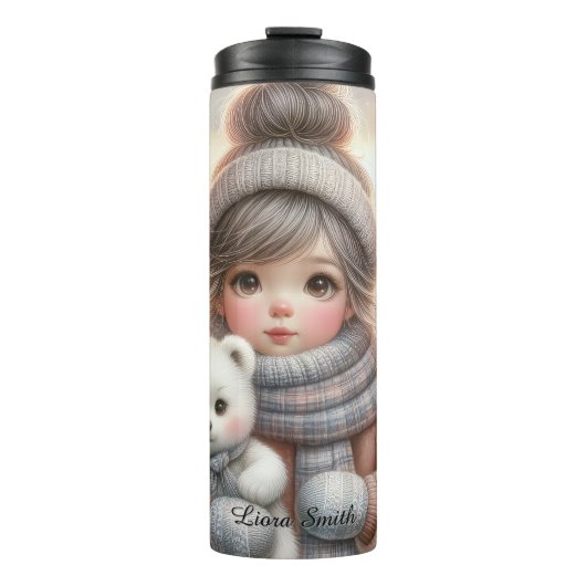 Cute Christmas Girl with Polar Teddy Bear, Thermo Thermosbecher (Vorderseite)